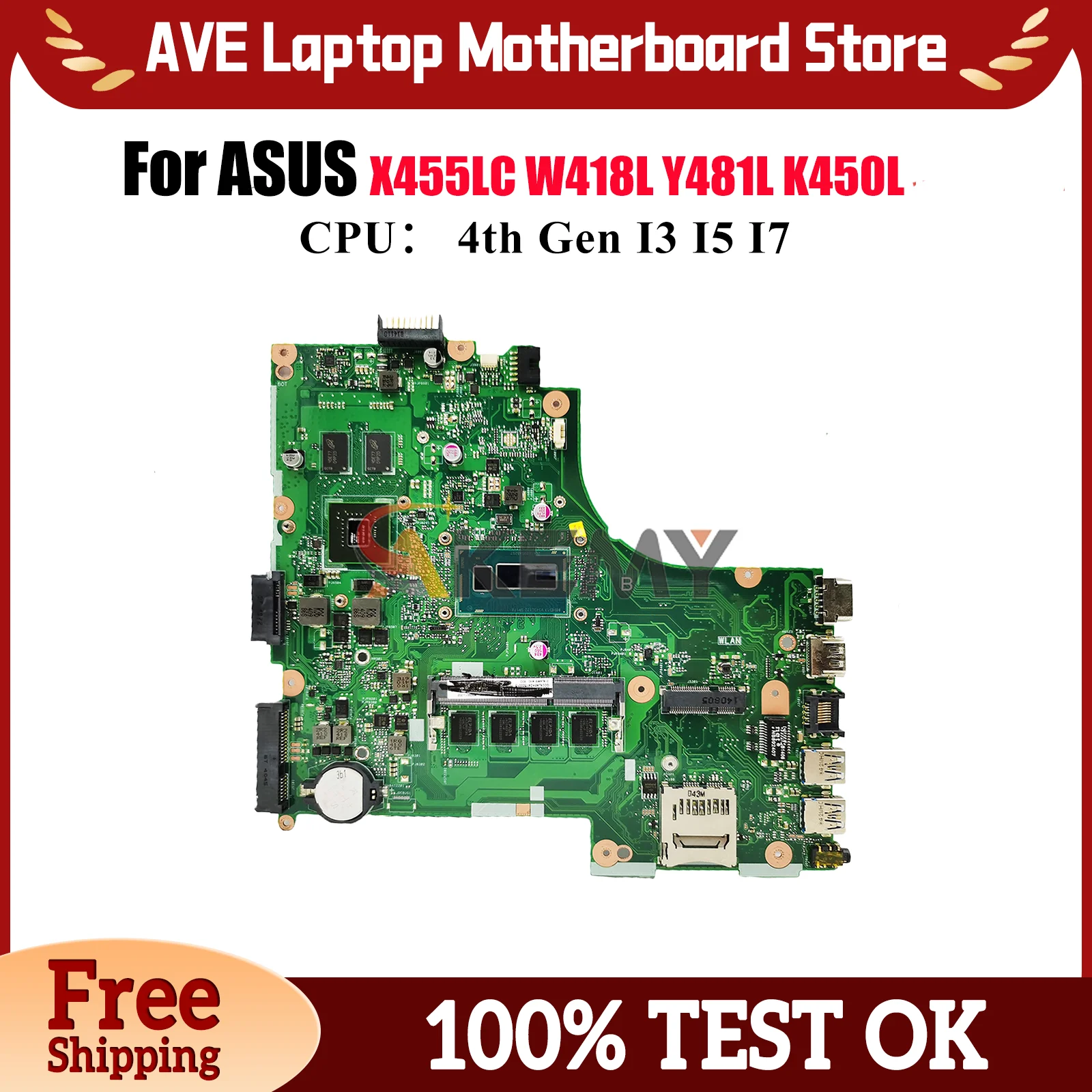 

X450LC Laptop Motherboard For ASUS X450LC W418L Y481L X450LN K450L X450L X450LB X450LD R412L R409L VM480L Mainboard I3 I5 I7 CPU