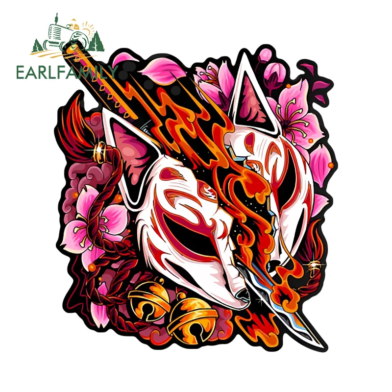 EARLFAMILY Japanese Fox Mask Pattern Car Stickers Cool Personality Electric-Bicycle Helmet Decals Scratch-Proof Vinyl Car Wrap