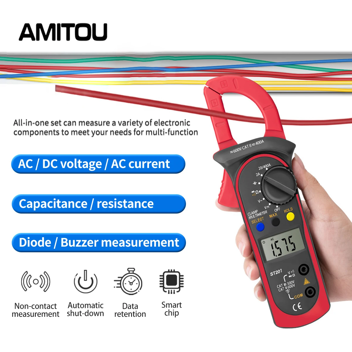 AMITOU ST201 Digital Professional Clamp Meter 1999 Counts AC/DC Voltmeter Ammeter Electrician Clamp Diode Ohm Multi Tester