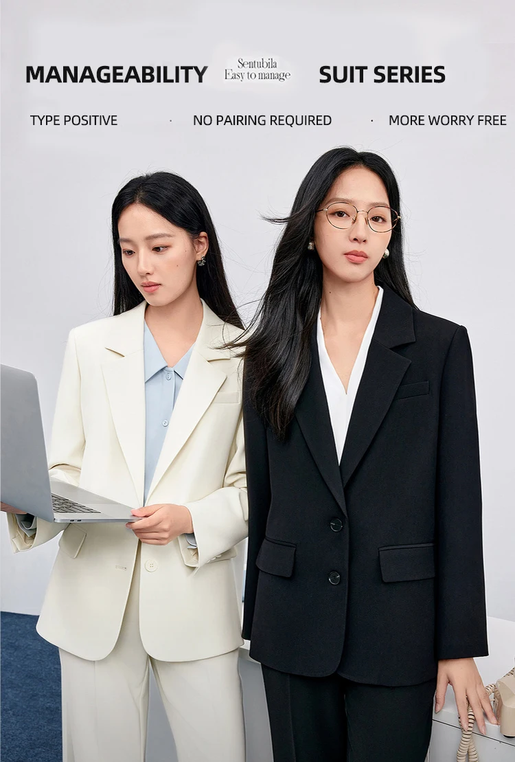 SENTUBILA Einfarbige Blazer für Damen 2026 Herbst Reverskragen Einreihig Zweiknopf Gerade Locker Sitzender Maßgeschneiderter Mantel 153XC8811X – Detail 4