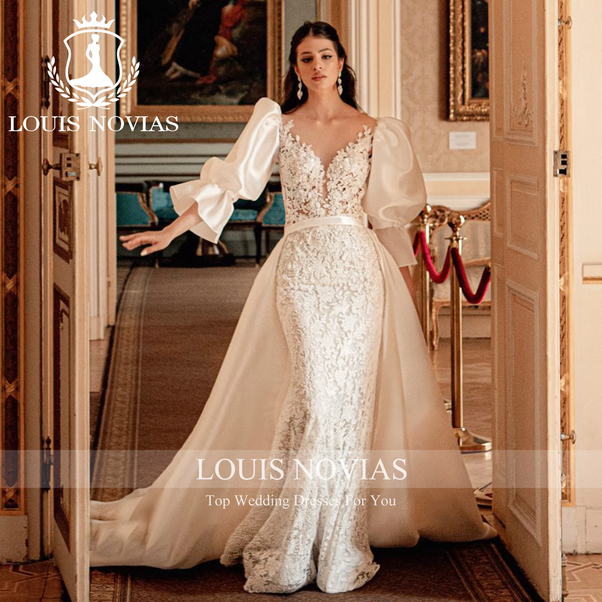

LOUIS NOVIAS 2 IN 1 Mermaid Wedding Dress Elegant Sweetheart Puff Sleeve Appliques Detachable Train Lace Satin Wedding Gown