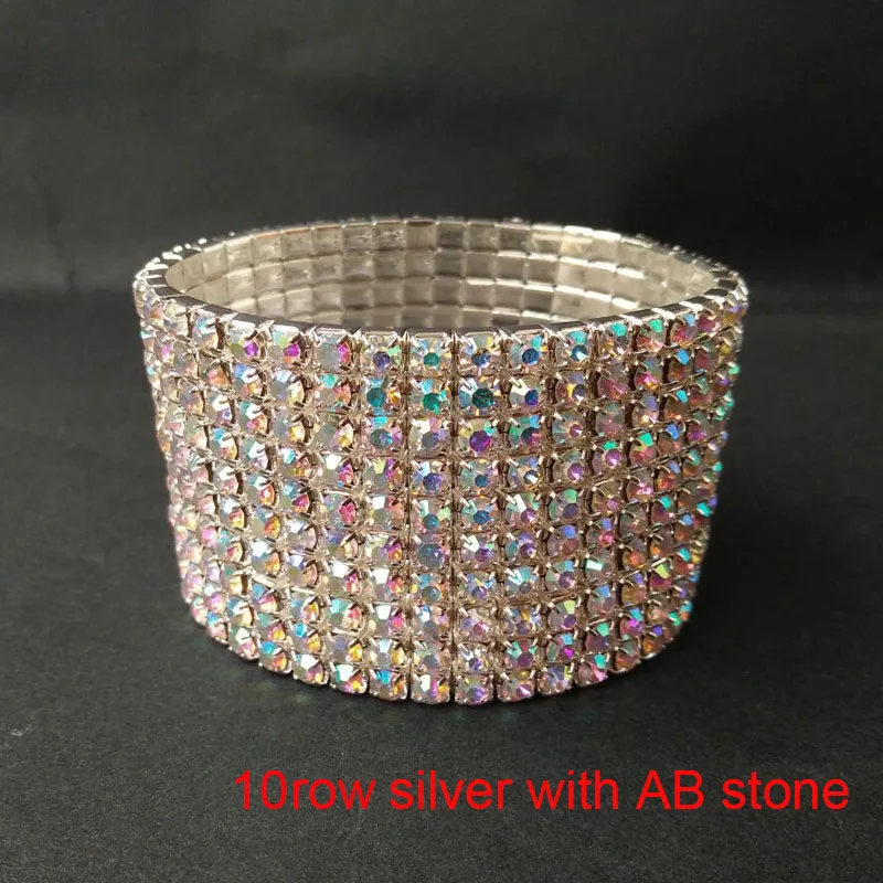 1-10 Rows Rhinestone Bracelets Silver Plated Iridescent Stone Elastic Stretch Bangle Bridal Wedding Bracelet Jewelry for Women