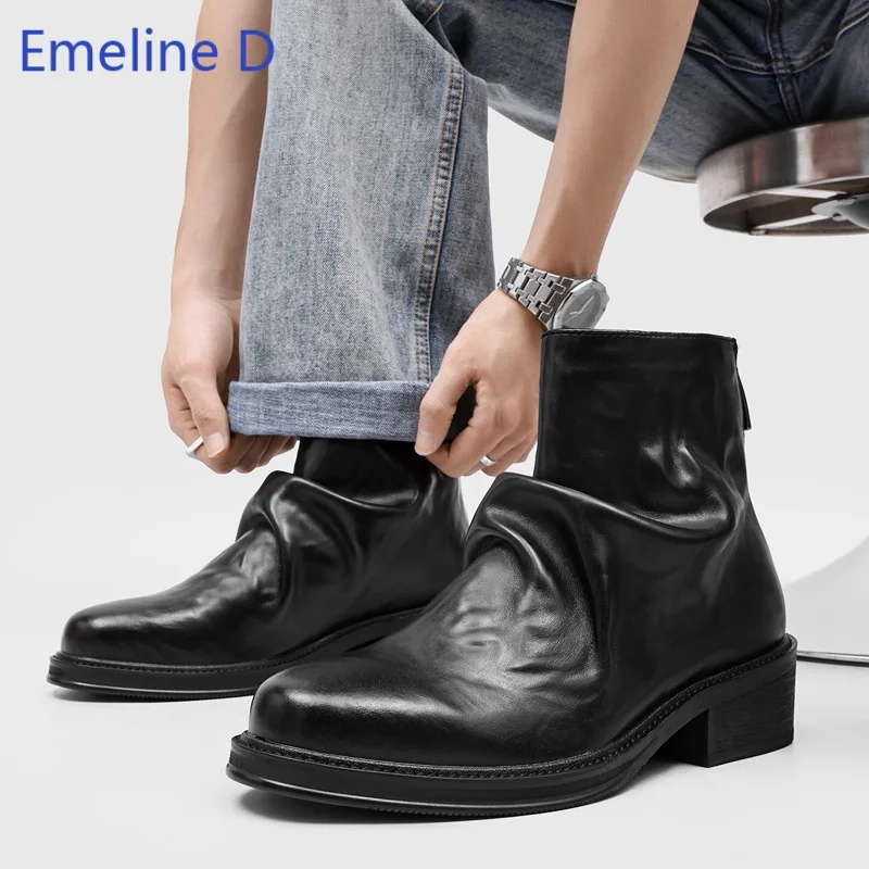 Men Pleated Ankle Boots Chunky Block Heel Back Zipper \Soft Leather Thick Sole Fashion Daily Wear Party Casual Short Booties