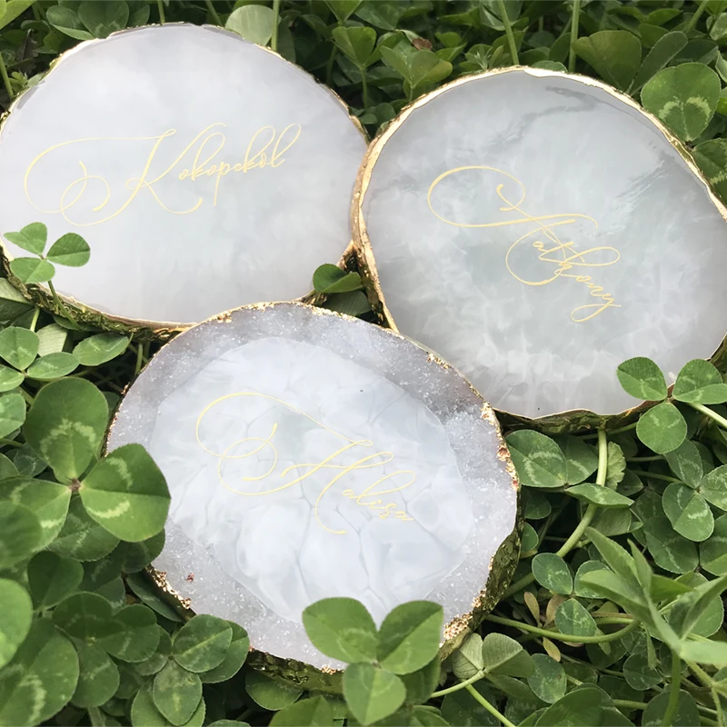 Personalized Agate Look Coasters Wedding Favours Birthday Custom Text Decals Nail Plate Acrylic Ring Holder Bridesmaid Gifts