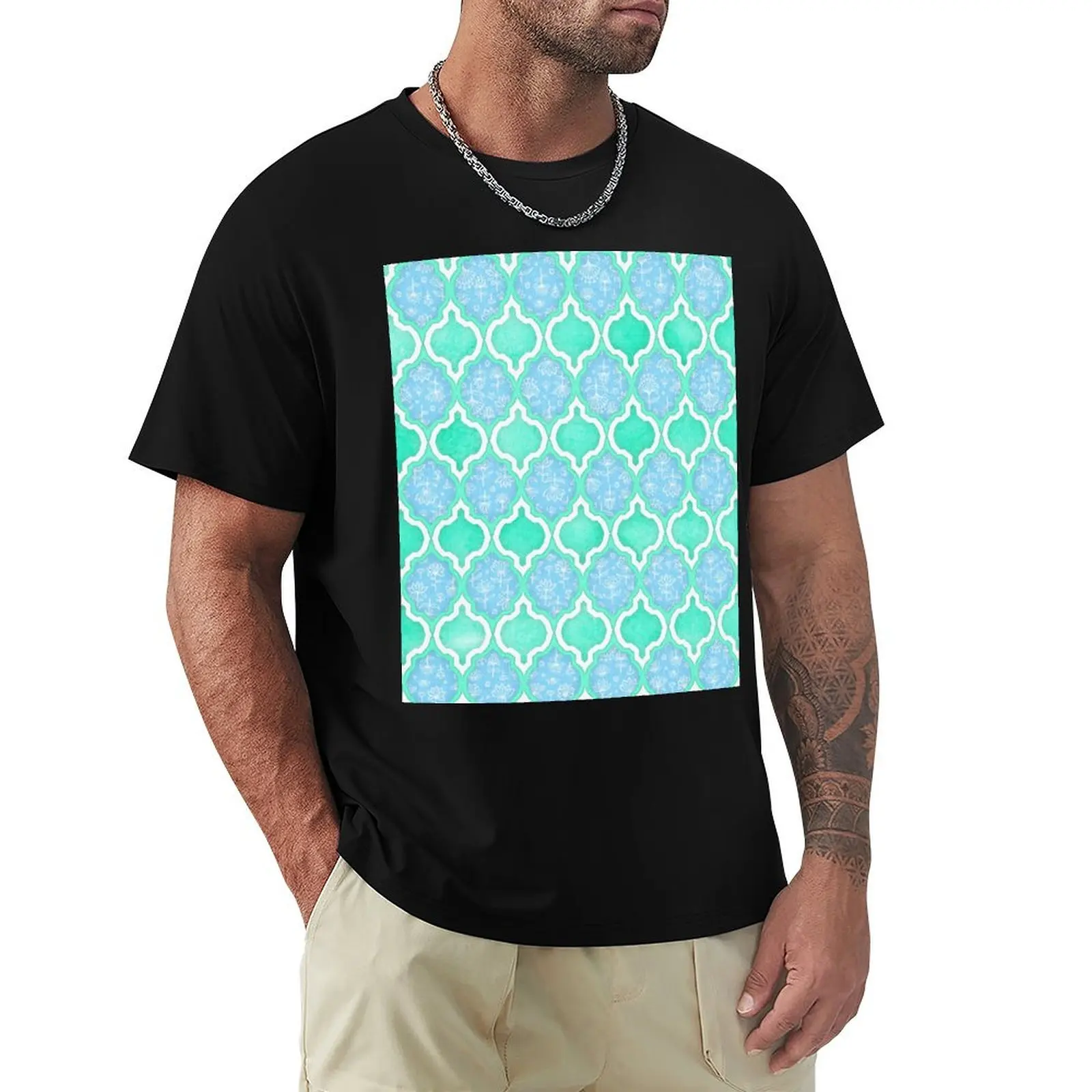 Moroccan Aqua Doodle pattern in mint green, blue & white T-Shirt Basic Lightweight Short Sleeve Tee