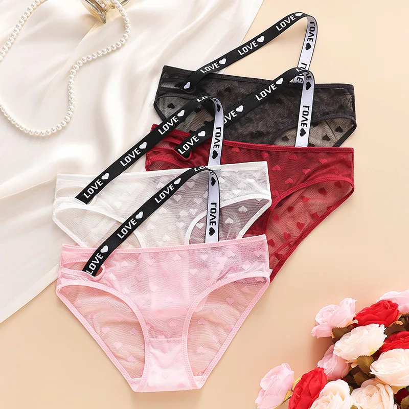 Women Sheer Mesh Panties Print Straps Sexy Heart Pattern Lace Low-Rise Transparent Underwear Letter Elastic Waistband Cozy Brief