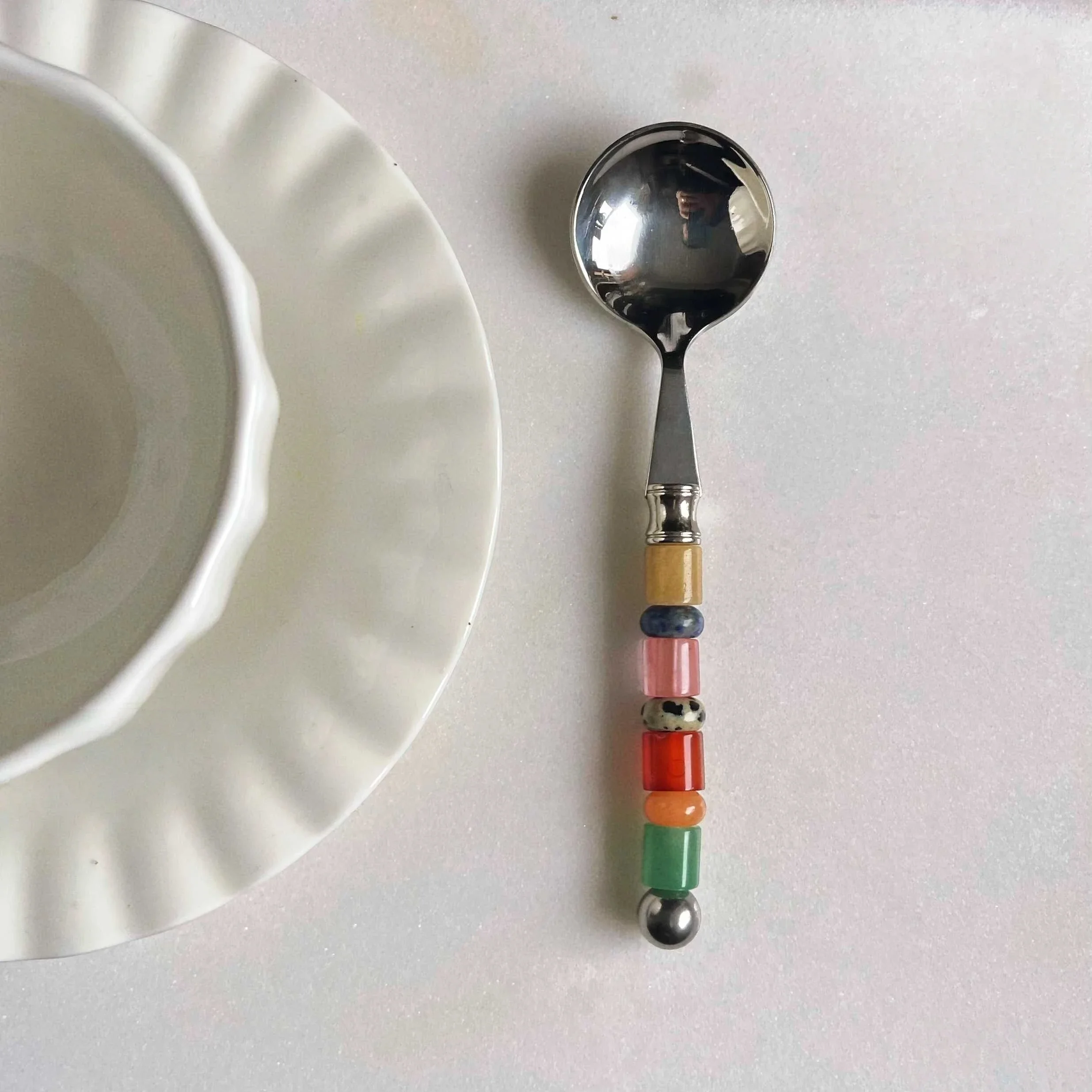 Vintage French Style Colorful Natural Stone Beaded Handle Stainless Steel Coffee Spoon, Handmade Dessert Tea Spoon, Aesthetic Cu