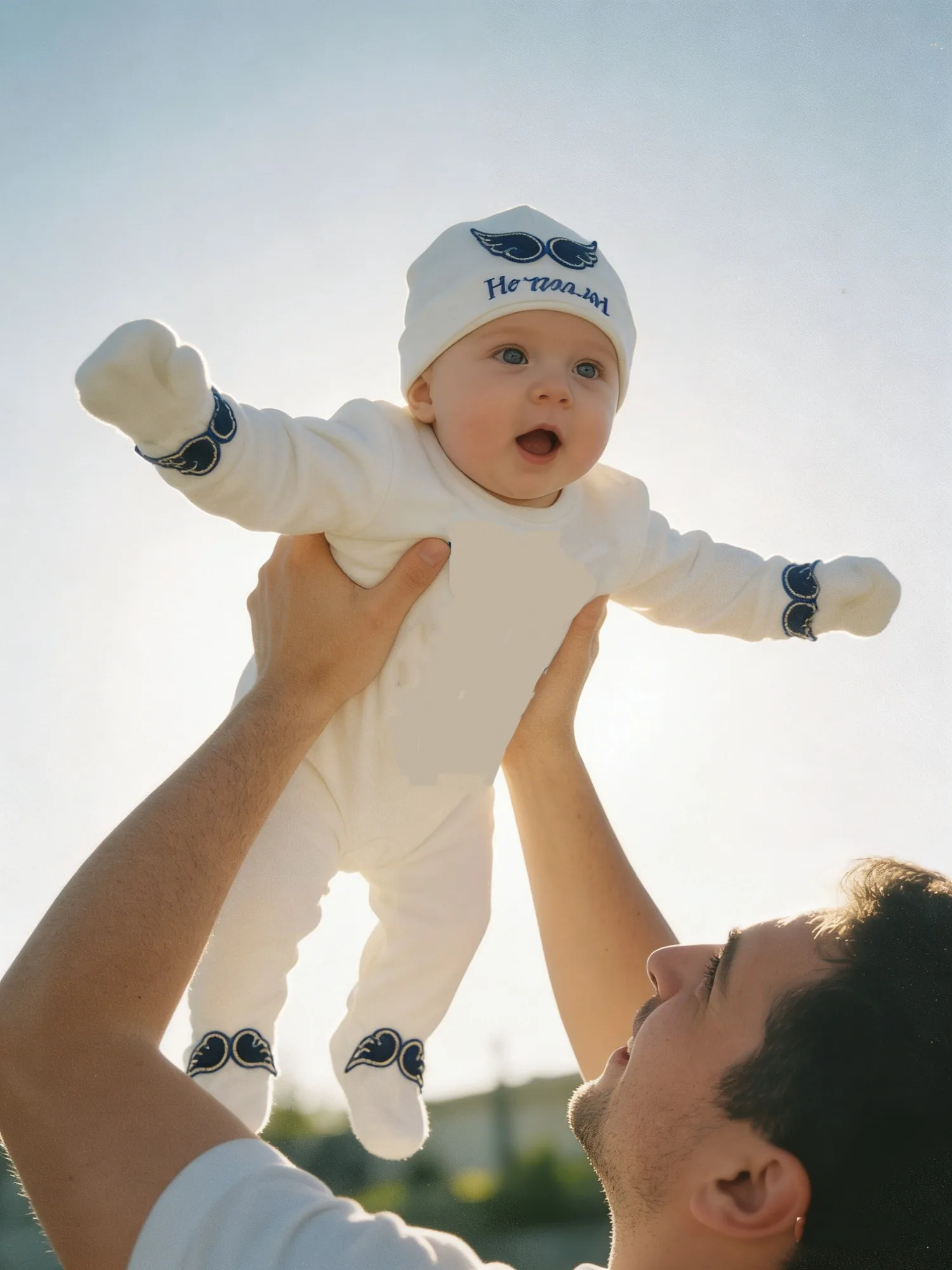 Newborn Boy Angel Outfit Box - White Blue Wings Onesie with Ibrahim Name for Naming Ceremony