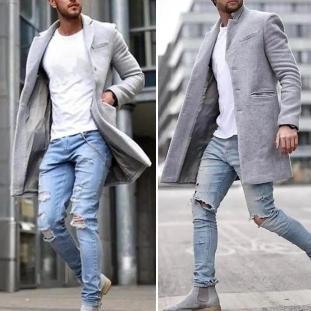 Men Woolen Coat Lapel Long Sleeve Mid-length Overcoat Solid Color Single Breasted Long Outwear with Side Pockets