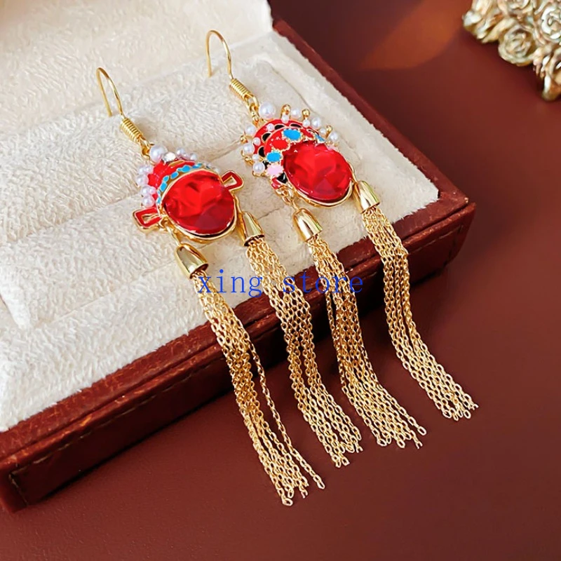 

2024 Fashionable New Ethnic Style Simulated Pearl Inlaid Droplet Glazed Tassel Women's Earrings