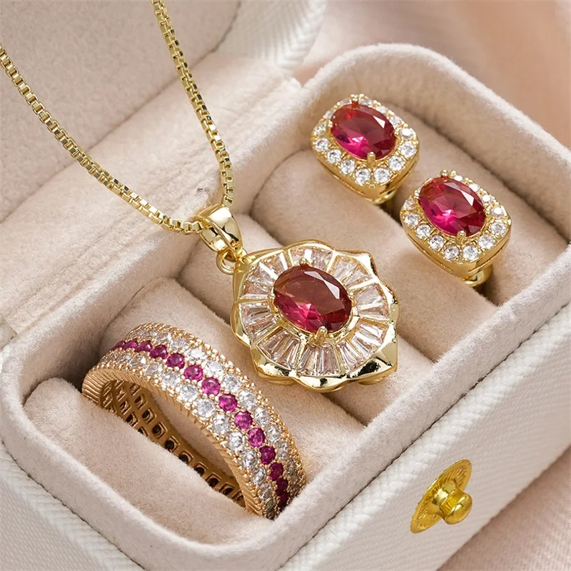 Huitan Gold Color CZ Jewelry Set for Women White Red CZ Pendant Necklace Ring Stud Earrings Engagement Wedding Bridal Party Gift