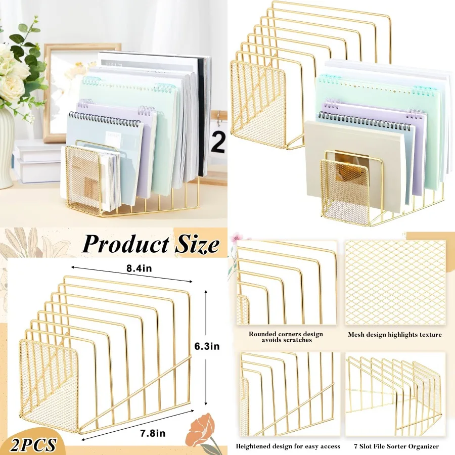 

2 шт., 7-слотовый сортировщик файлов с наклоном, металлическая проволочная сетка, стойки для настольного сортировки писем для журналов, папка, органайзер для книг, домашний O