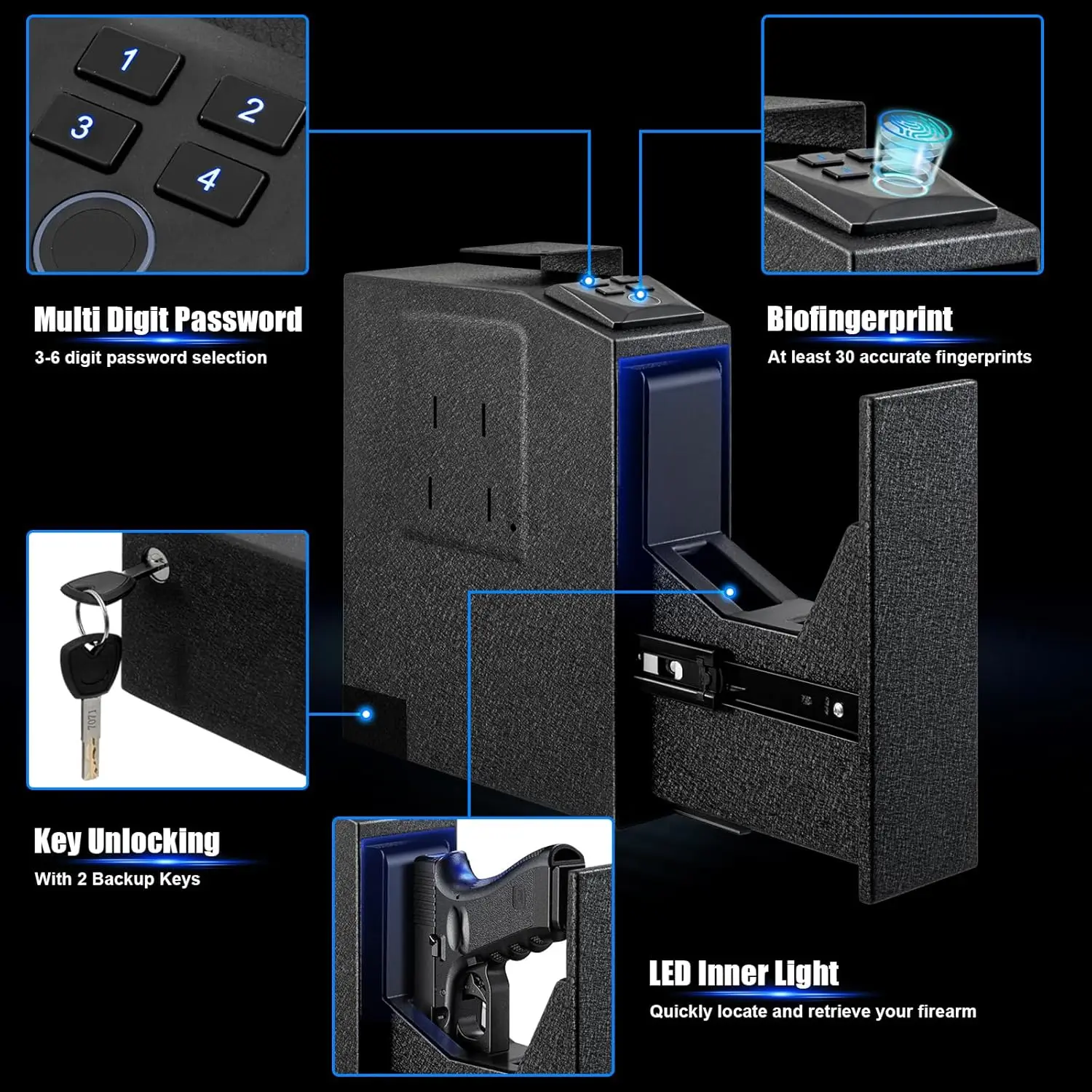 Biometric Gun Safe for Handgun,Fingerprint Bedside Gun Safe with Fingerprint, PIN Code, KEY Access