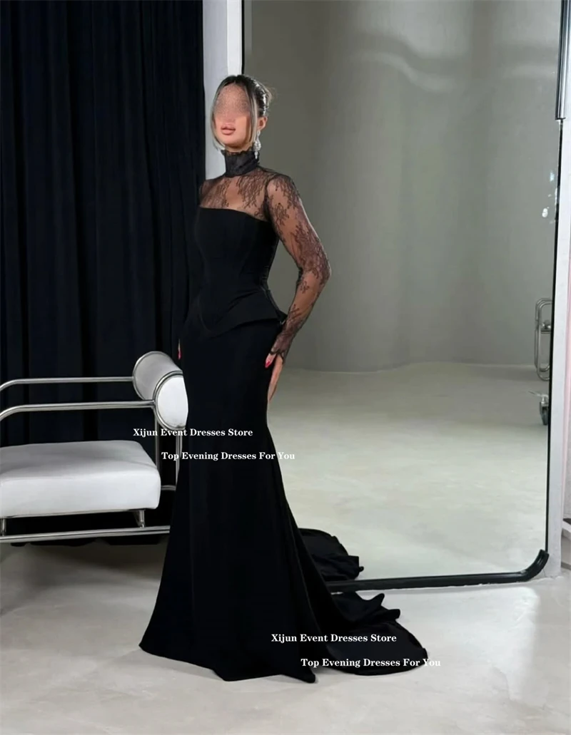 Xijun Sexy Black Crepe Evening Dresses High Collar Long Sleeves Saudi Arabia Formal Prom Dresses Corset Button Prom Gowns Custom image 4