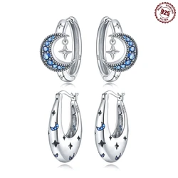 Real 925 Sterling Silver Hoop Earrings Moon Star Earrings For Women Engagement Wedding Party Birthday Gift Silver Jewelry