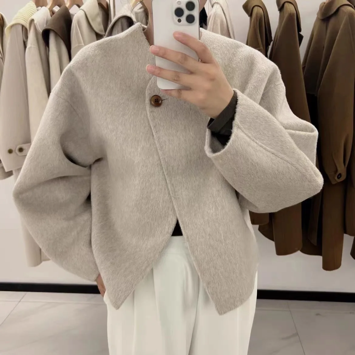 2024 Women Autumn Coats One Button Design Woolen Coat With Scarf Elegant Beige Gray Woolen Coat Veste Femme Tops