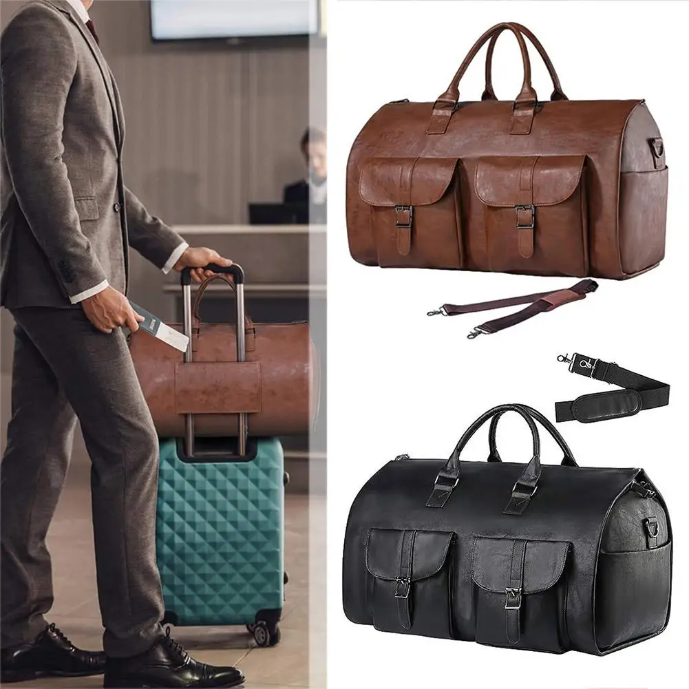 

Garment Bag For Travel Pu Leather Waterproof Large Weekender Bag For Men 2 In 1 Hanging Suitcase Suit Dress Business Travel Y6I0