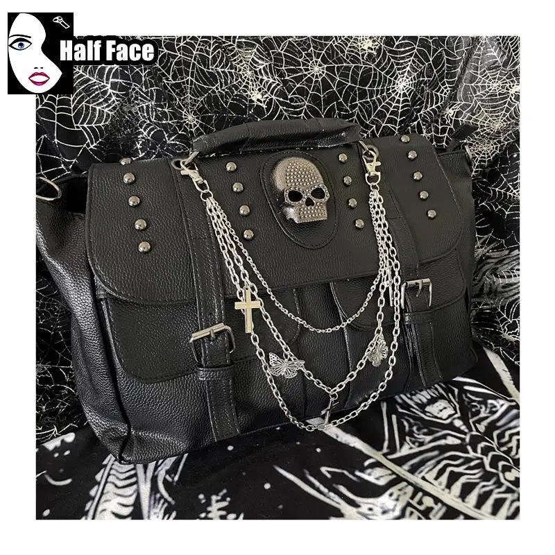 Y2K Spicy Girls Harajuku Gothic Punk Skeleton Head Chain Locomotive Subculture One Shoulder Lolita Women\'s Crossbody Bags Tote