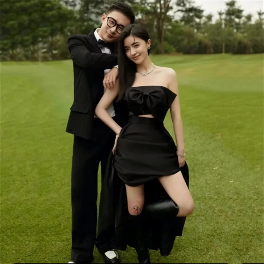OLOEY Chic Black Bow Satin Customized Korea Wedding Photo Shoot Dress Strapless Hi-Lo A‑Line Birthday Party Dress Prom Gown