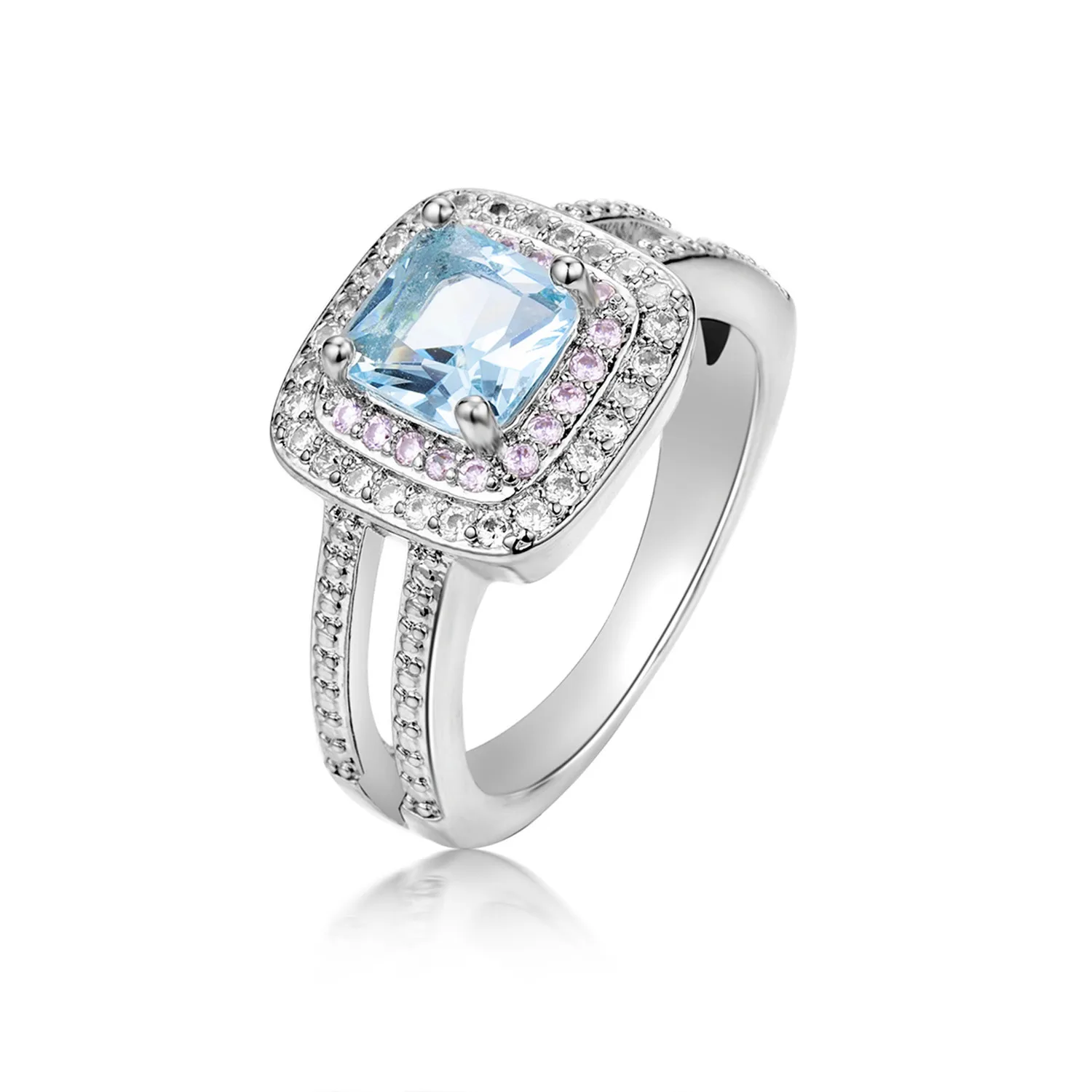 S925 Sterling Silver Mozambican Diamond Ring Hot Sale Full Diamond Sea Blue Zircon Ring, Pink Crystal Engagement Wedding Ring