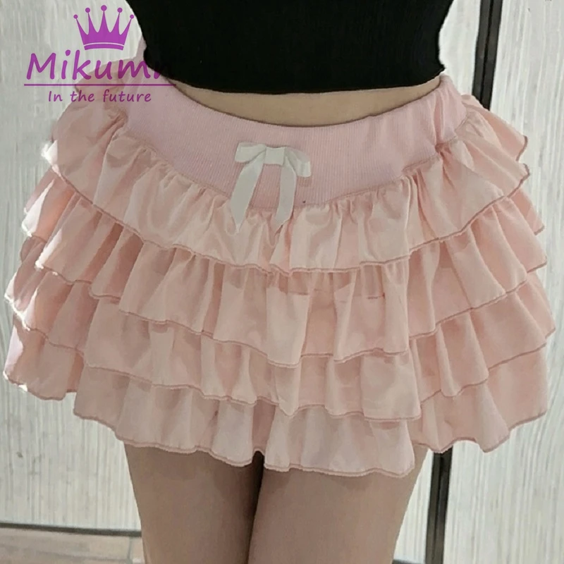 Harajuku Women Kawaii White Pink Black Cute Bow Ruffles Cake Mini Skirt Y2k Grunge Aesthetics Elastic Low Waist Pleated Skirt