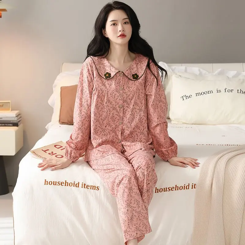 Pijama holgado de talla Extra grande para mujer, ropa de dormir informal de algodón puro de manga larga, estilo coreano, 2024