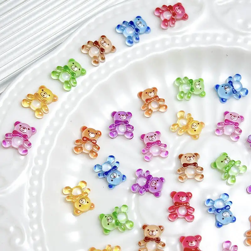 20PCS Translucent Colored Bears Nail Art Charms Cartoon Cute Bow Bears Resin Nail Decorations for Manicure DIY Crafts Supplies