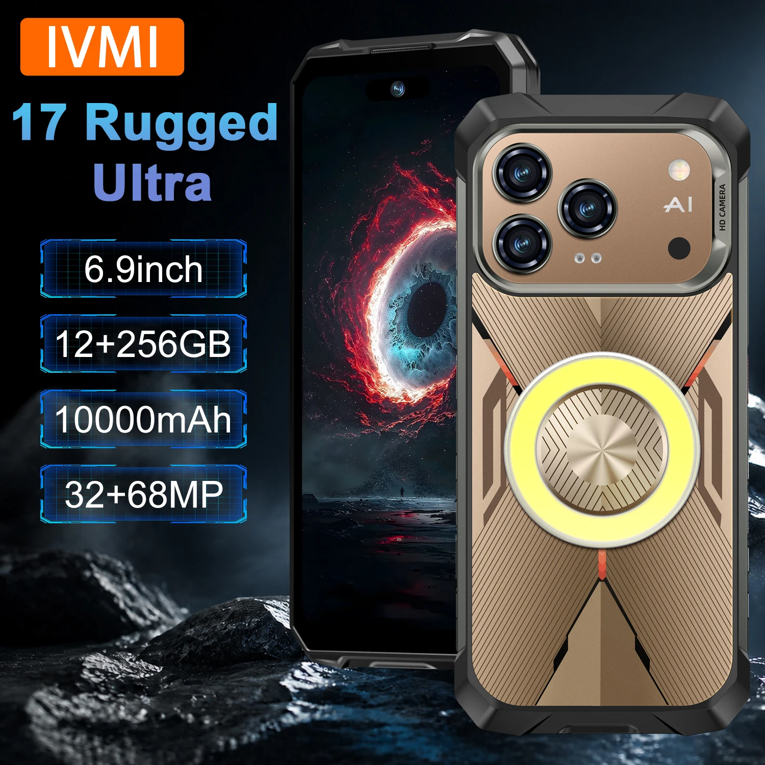 IVMI 17 Rugged Ultra Waterproof Phone Durable 10000mAh 12GB+256GB Night Vision Camera 6.9'' NFC Android Smartphones