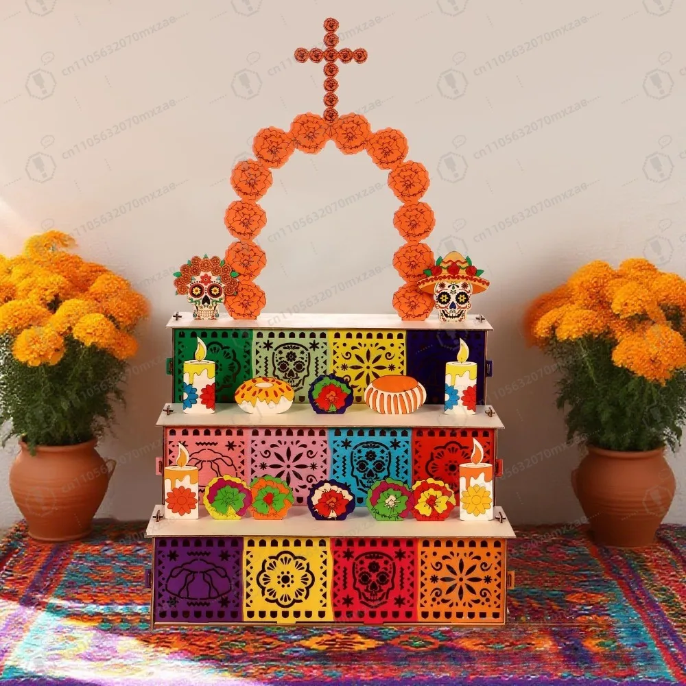 Caja de altar de madera mexicana única, caja de sombras Ofrenda del Día de los muertos para exhibición conmemorativa en decoración de la cocina del hogar
