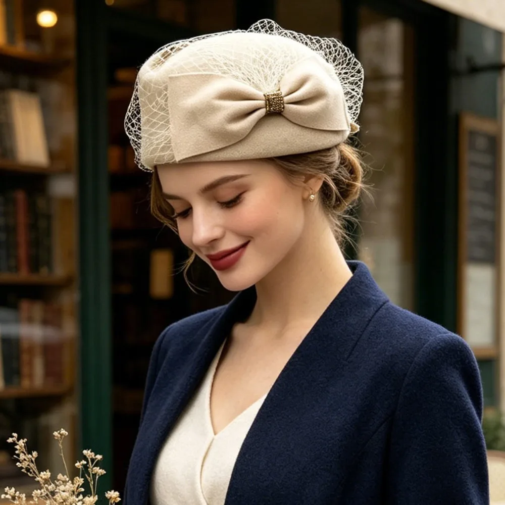 Fashion French Style Bow Fedora Hat Fedoras Teardrop Pillbox Hat Rhinestone Air Hostess Medicine Box Hat Wedding Party