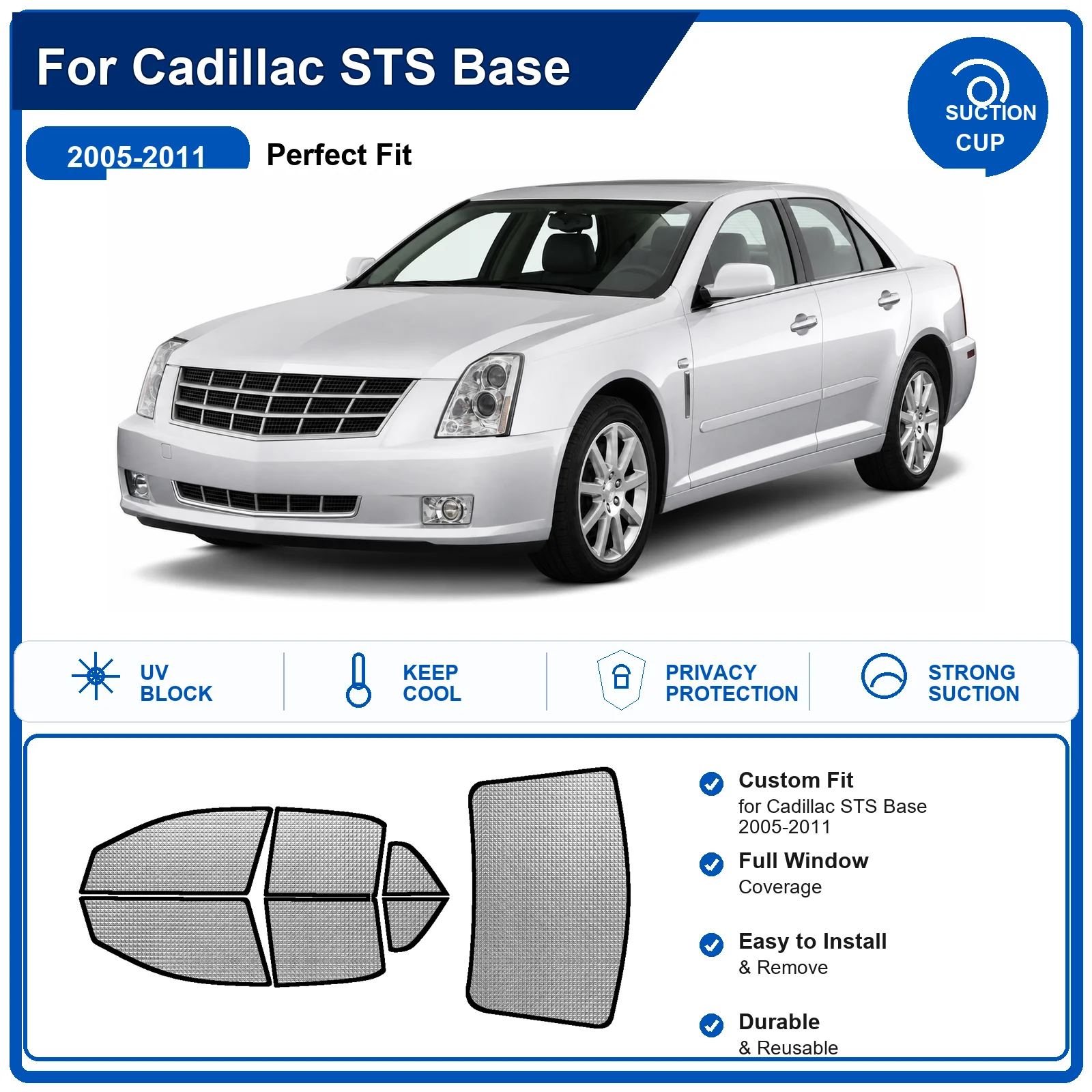 For Cadillac STS Base 2005-2011 Custom Full Set Windshield Sun Shade Aluminum Foil Heat Insulation Anti UV Foldable