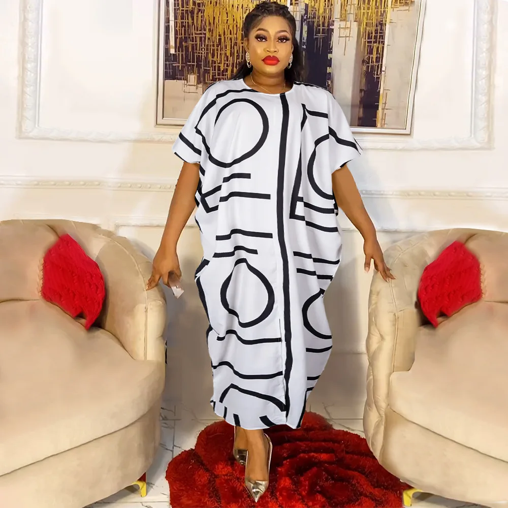 African Patchwork Color Contrast Letter Dress Muslim New Women's Fat Loose Large Size Long Robe 510#