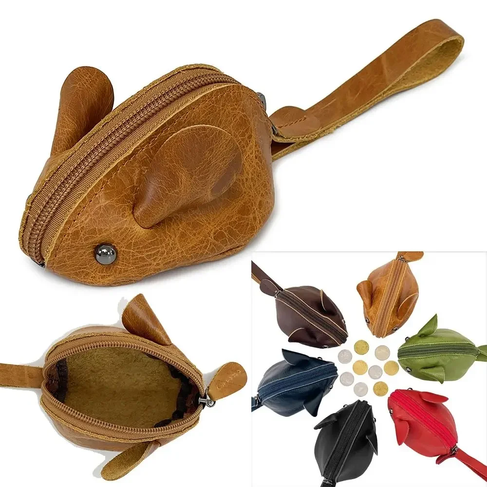 Genuine Leather Mini Coin Purse Cartoon Mouse Design Vintage Children's Key Bags Solid Color Portable Wallets Men Women