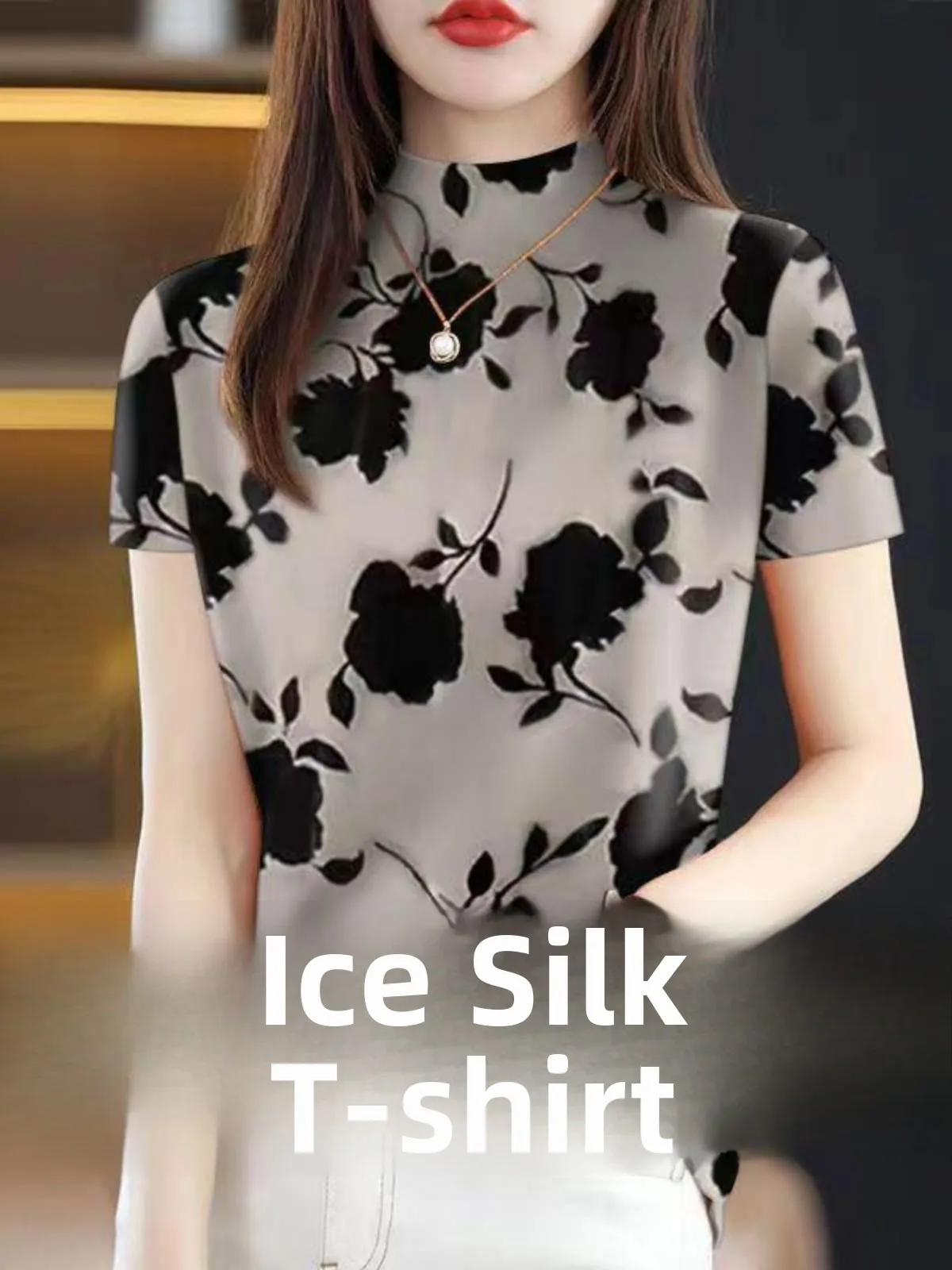 high-end-ice-silk-women's-t-shirt-2025-new-summer-anti-aging-short-sleeve-half-high-collar-pocket-handkerchief