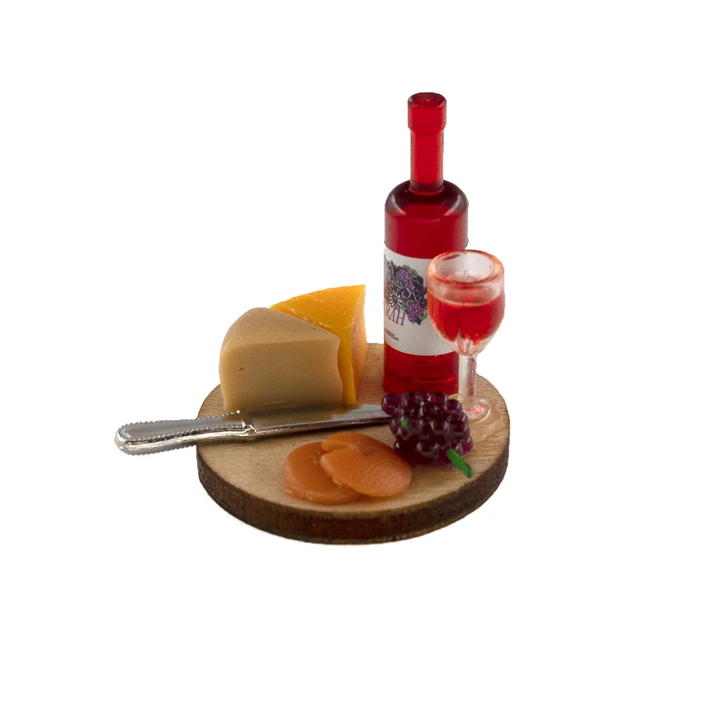 Miniature Wine & Cheese Board Red Wine Bottle Dollhouse Decoration Accessories Mini Dinner Realistic Food Drinking Kitchen Bar