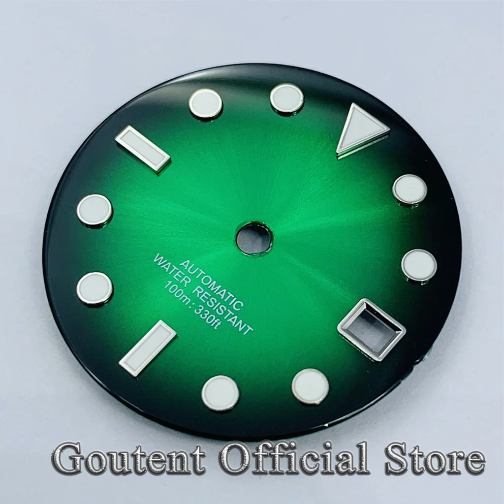 Goutent 29mm Green Luminous Blue Yellow Sterile Watch Dial Fit NH34 NH35 NH36 Movement Fit 3 O\'Clock Crown 3.8 O\'Clock Crown