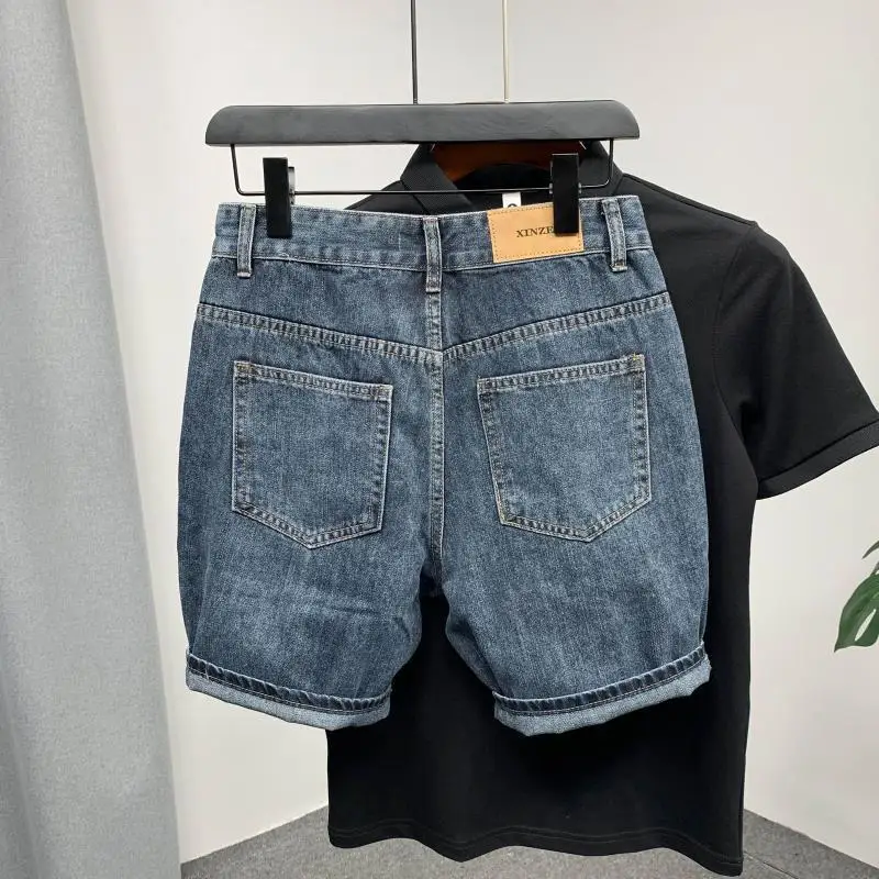 Harajuku Fashion Summer Luxury Brand Blue Casual Denim Short Jeans Solid Knee-length Straight Leg Boyfriend Jeans Shorts for Men