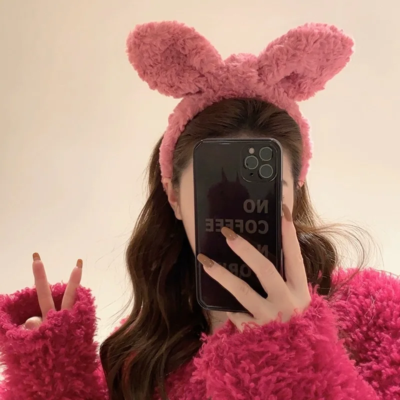 1PC Thick plush Easter bangs, bunny ears, face wash, headwear, feminine makeup, pressure hair, anti slip headband, bow tie