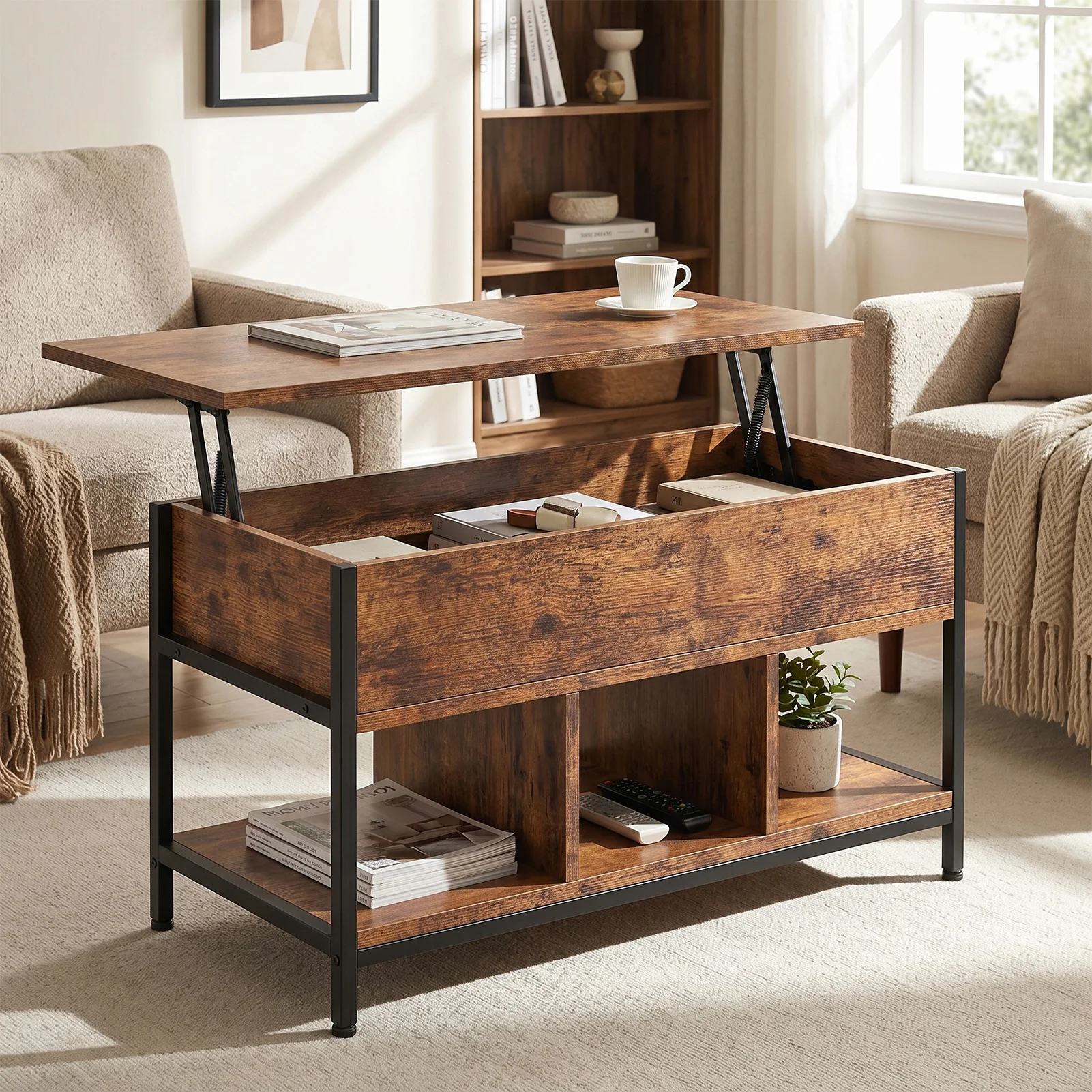 Lift Top Coffee Table with Hidden Compartment Storage Shelf Rising Tabletop Center Table for Living Room Retro Dining Table