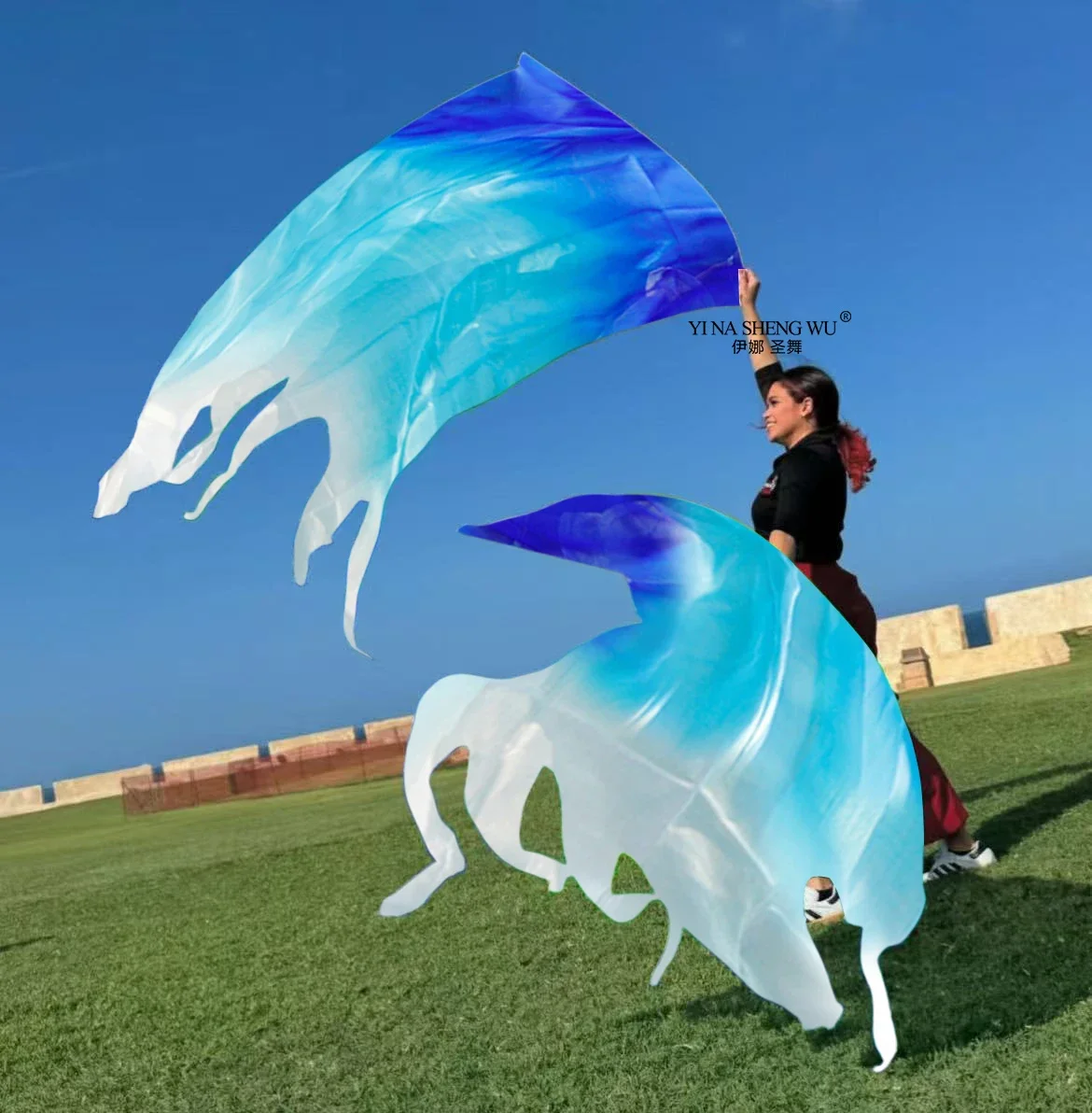 Prophète culte louange danse voile de soie drapeau fluide département drapeau tige incurvée femme soie danse du ventre culte ventilateur voile 200*114