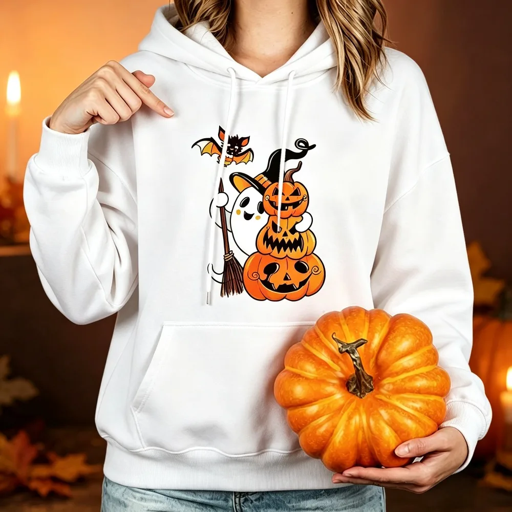 Cute Ghost Pumpkin Bat Halloween Graphic Men Hoodie Casual Fall Autumn Pullover Long Sleeve Sweatshirt