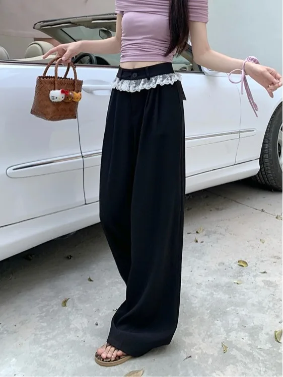 

High Waist Draped Lace Patchwork Wide Leg Casual Pants Women's Suiting Style Korean Commute Fashion Spring 2026 New Arrival