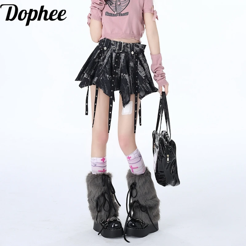 Dophee Original Irregular Tie-dye Millennium Spicy Girl Vintage Denim Skirt New Spring Summer Y2k Subculture Short Mini Skirts