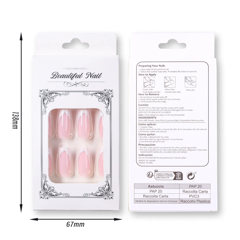 24pcs uñas postizas cortas cuadradas tipo ataúd francesas con brillo, uñas acrílicas de cobertura completa para mujer, ballet, uñas press-on 3