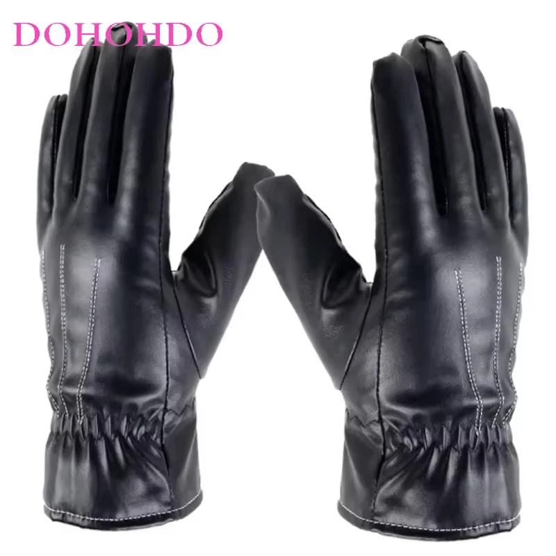 

Touch-screen Leather Gloves In Winter Ladies Gloves Imitation Rex Rabbit Fur U-shaped Fashion Warm PU Black Gloves Guantes Moto
