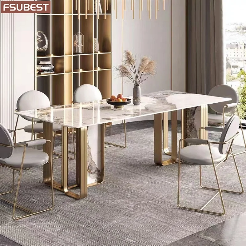 Designer Luxury Dinner Rock Slab Dining Room Table Set 4 6 8 Chairs Esstisch Furniture Meuble Marbre Stainless Steel Gold Base