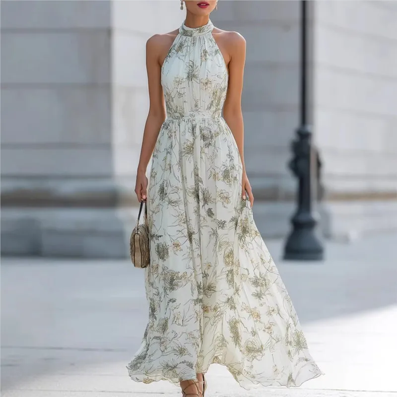 

Fashion Floral Printed Halter Dress High Waist Backless Sleeveless Maxi Dresses Boho Vacation Dress 2026 New Lady Party Vestidos
