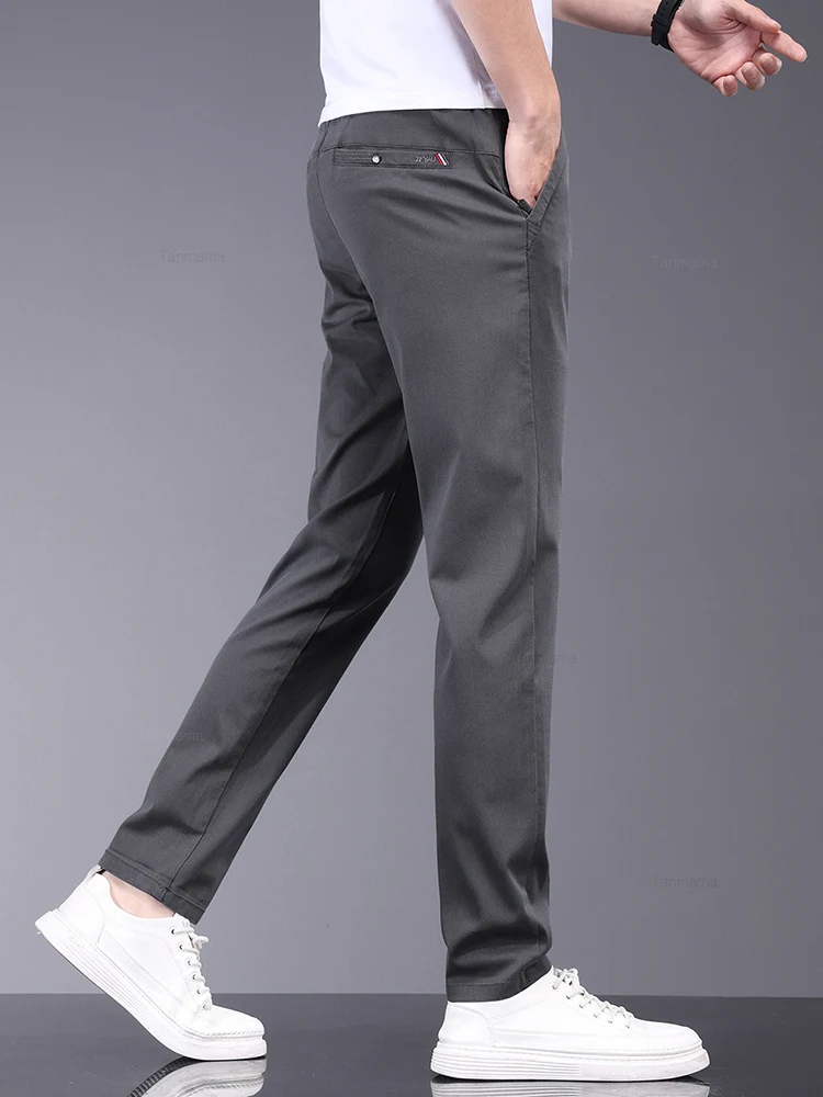 Bamboo Fiber Fabric Summer Men's Casual Pants Fashion Thin Soft Breathable Elastic Business Slim Straight Trousers Black Gray