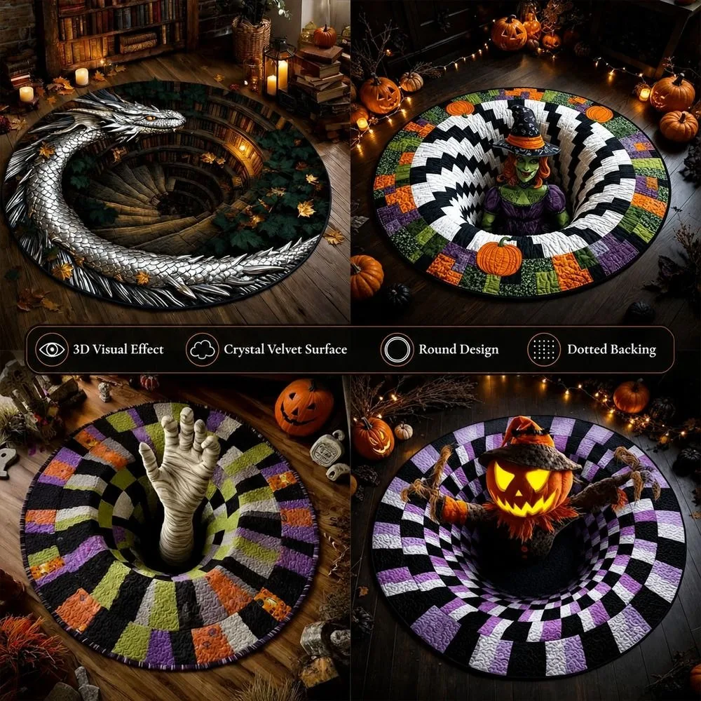 3D Visual Effect Round Halloween Rug Crystal Velvet Halloween Pattern 3D Visual Halloween Area Rug Round Shape