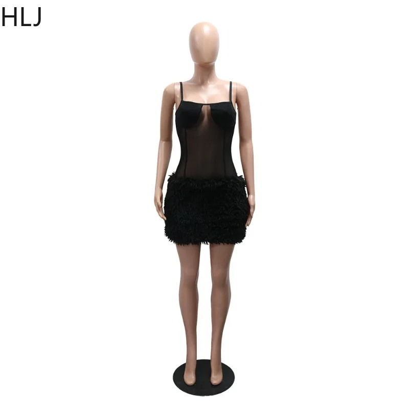 HLJ Sexy Fur Patchwork Bodycon Mini Dresses Women Spaghetti Strap See Through Backless Dress Female Streetwear Vestidos 2025 New